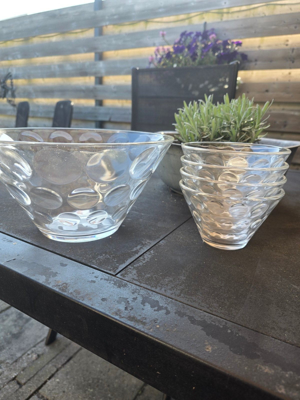 Glazen bowlset: grote schaal + 4 kleine bowlglazen, Overige typen, Ophalen, Nieuw, Glas