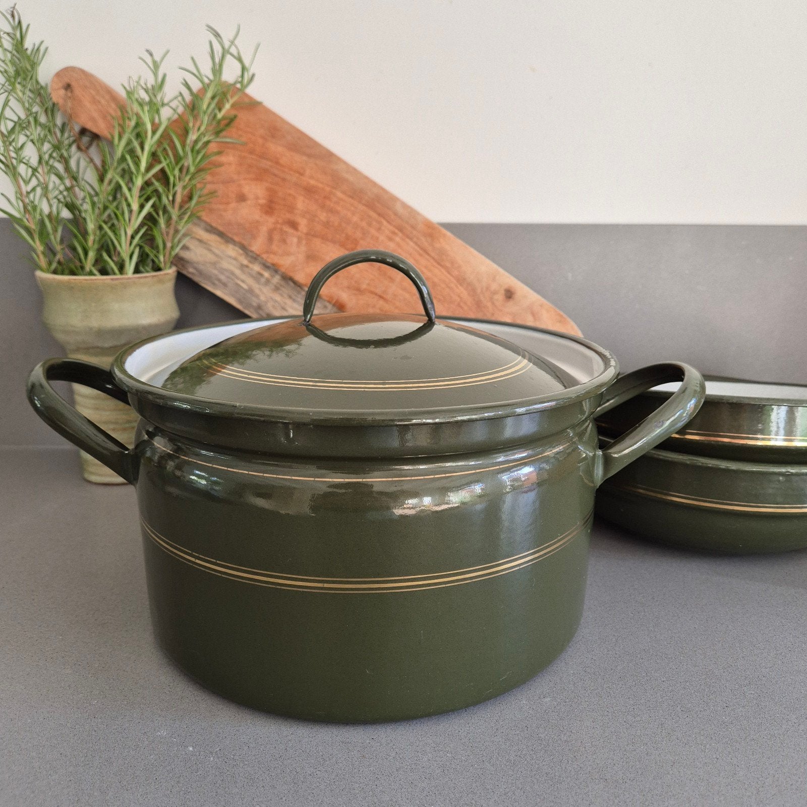 Vintage groene emaille pan met deksel (Decoratie), Antiek en Kunst, Ophalen of Verzenden