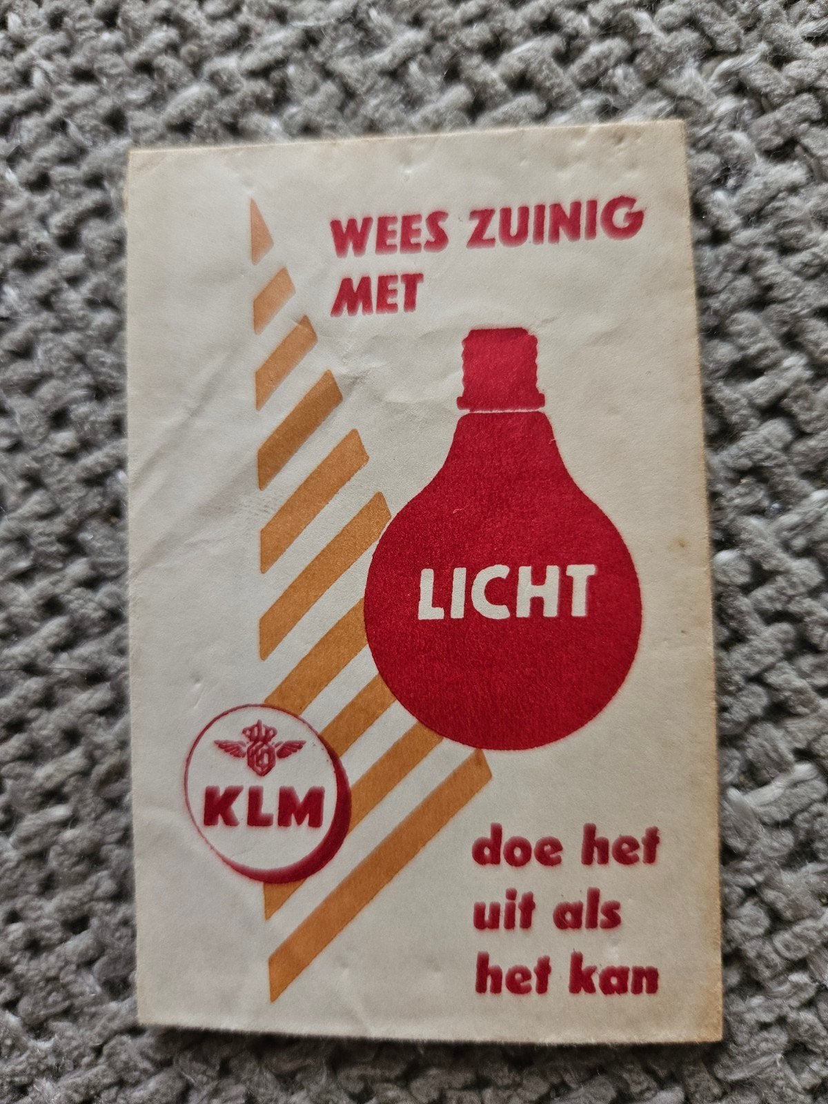 KLM 'Wees Zuinig Met Licht' suikerzakje, Verzamelen, Ophalen of Verzenden, Gebruikt
