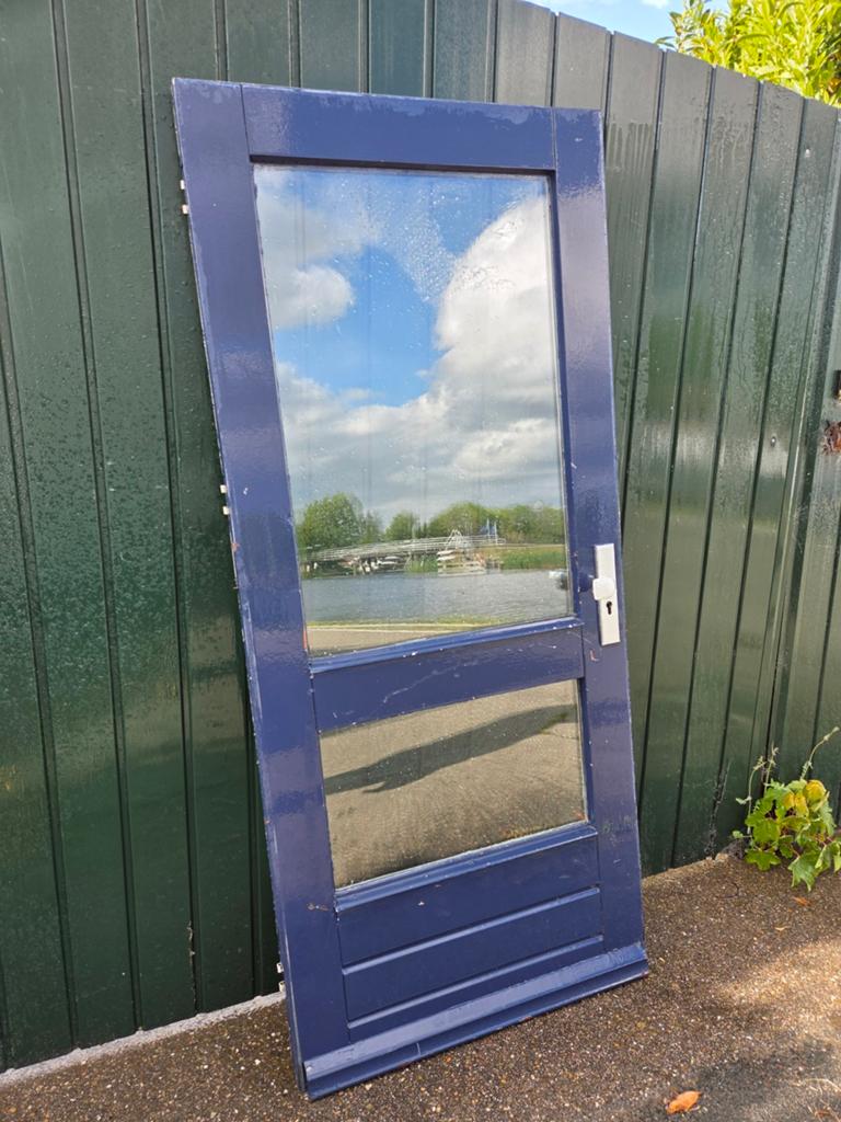 Hardhouten deur met dubbelglas en deurhendel; afm 93,5x211cm, Ophalen, Gebruikt, 80 tot 100 cm, Buitendeur