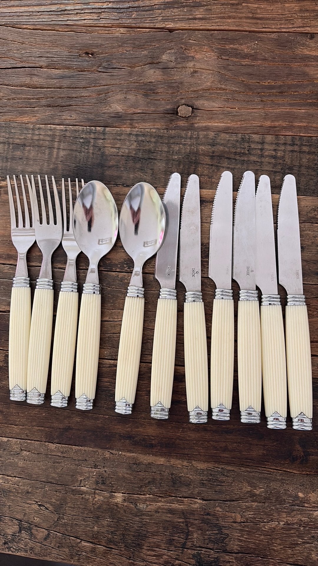 Vintage bestekset – wit kunststof & inox –, Verzenden