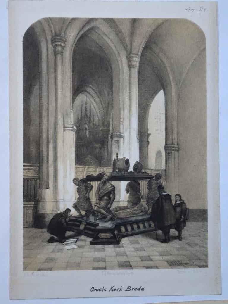 litho graf een Oranje Grote kerk Breda, n.J. Bosboom 1850, Antiek en Kunst, Verzenden