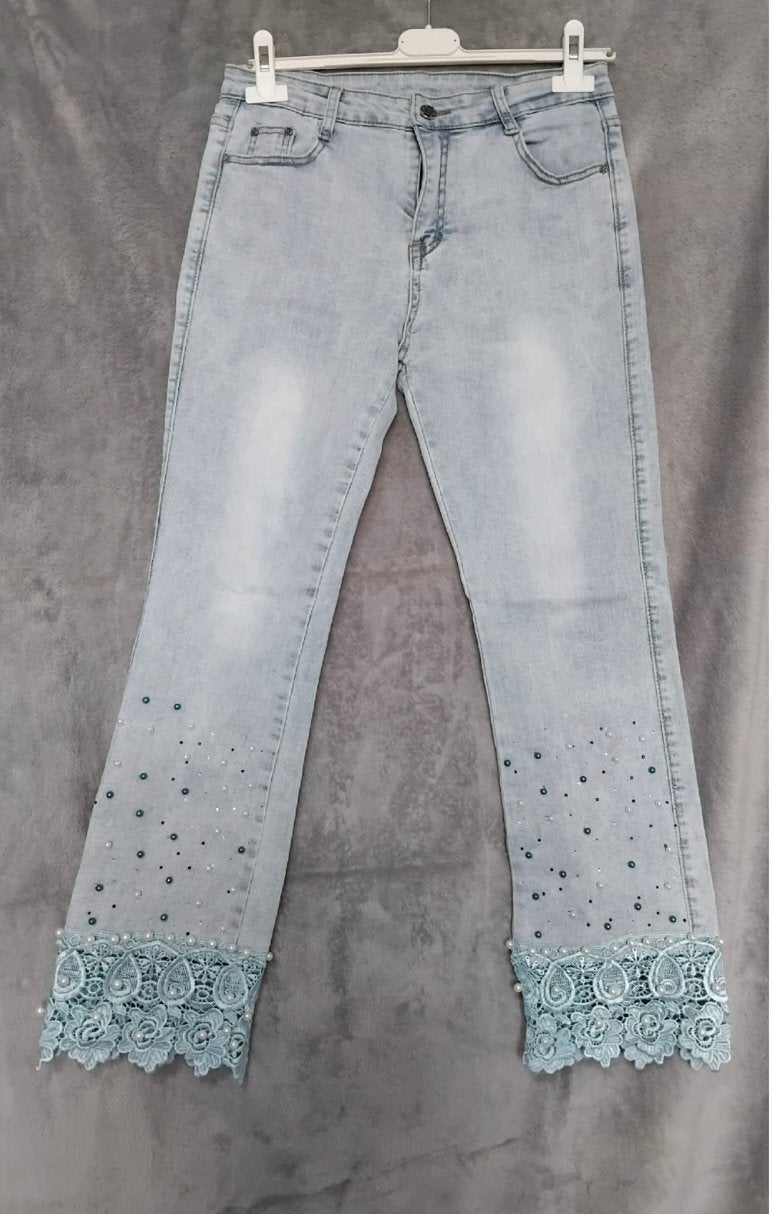 Zgan! Erg leuke,aparte Jeans met kant en parels W30, Ophalen of Verzenden, Zo goed als nieuw, Blauw, W30 - W32 (confectie 38/40)