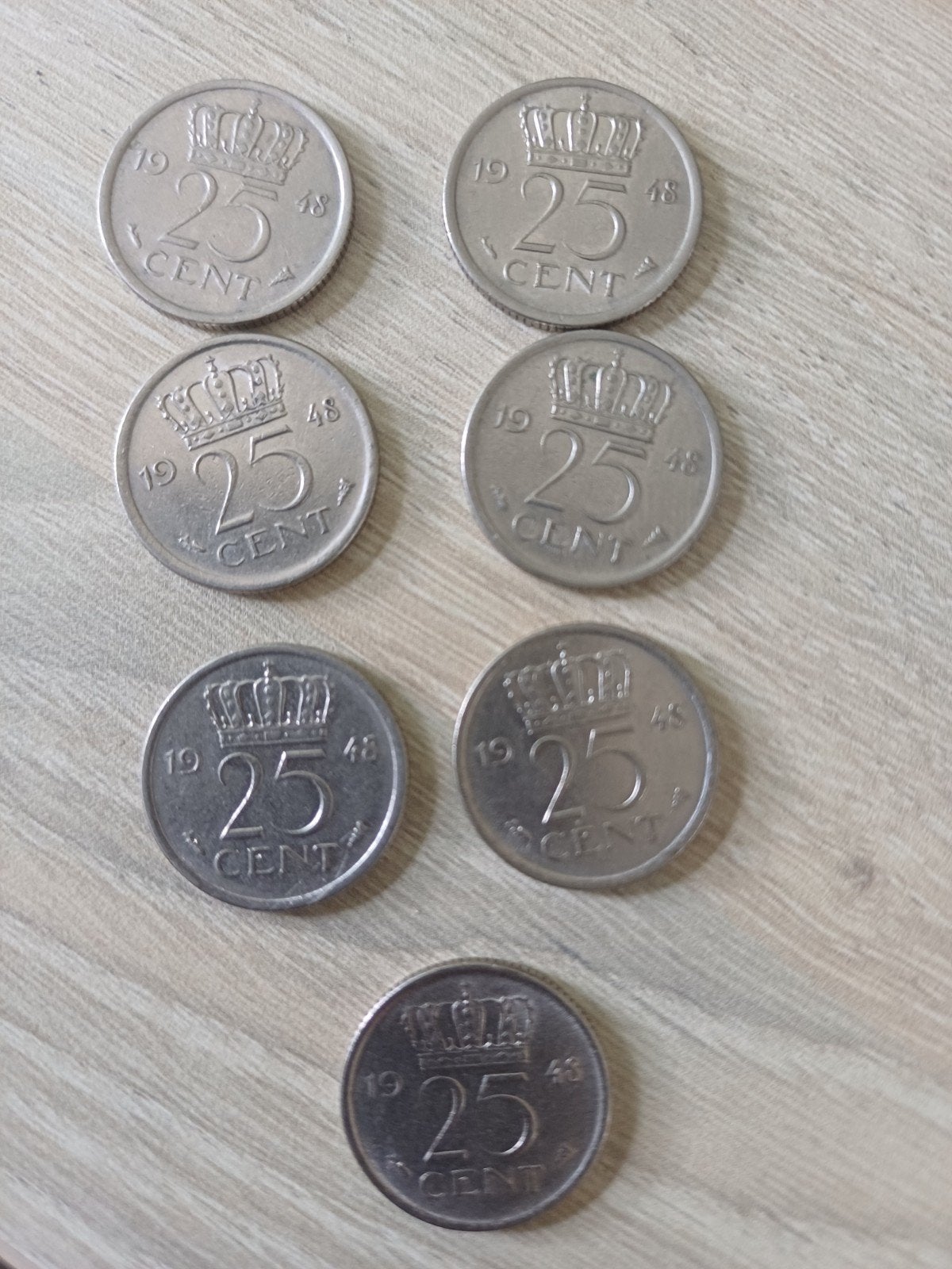 Zes Nederlandse 25 cent munten uit 1948  Koningin Wilhelmina, Postzegels en Munten, Ophalen of Verzenden, Koningin Wilhelmina
