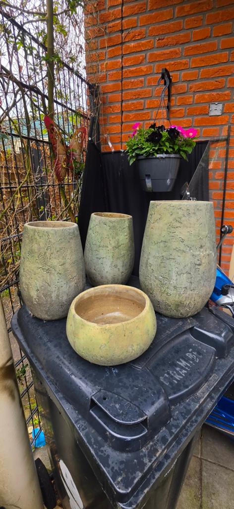 Groene bloempotten set, Tuin en Terras, Bloempotten, Ophalen, Rond, Zo goed als nieuw, Aardewerk