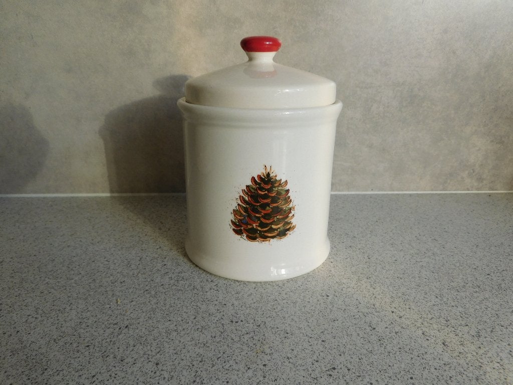 Voorraadpot 11x11 cm met Dennenappel decor - Alie Kruse Kolk, Gebruikt, Overige merken, Keramiek, Ophalen of Verzenden