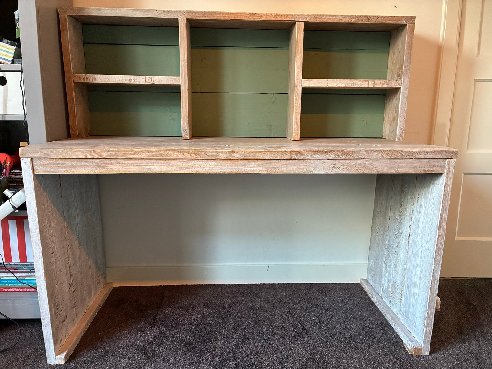TOPAANBIEDING Robuust steigerhouten bureau met opzetstuk, Huis en Inrichting, Ophalen, Gebruikt, Kinderbureau, 57 cm