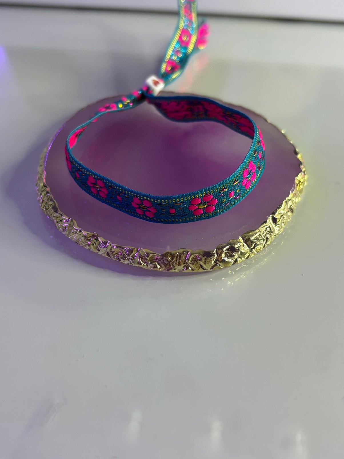 Groen/roze lint armbandje met bloemen, Overige kleuren, Verzenden, Nieuw, Elastiek