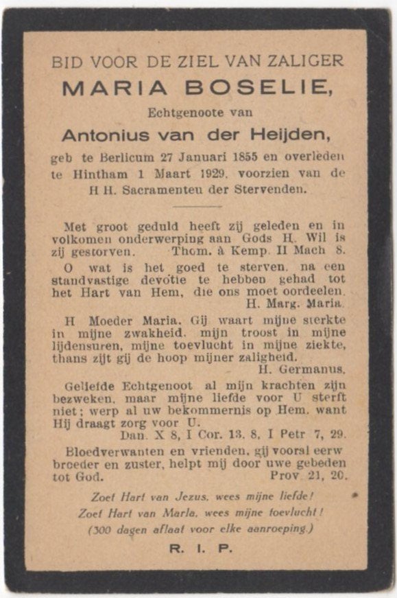 Maria Boselie 1855 Berlicum + 1929 Hintham, 74 jaar oud, Ophalen of Verzenden