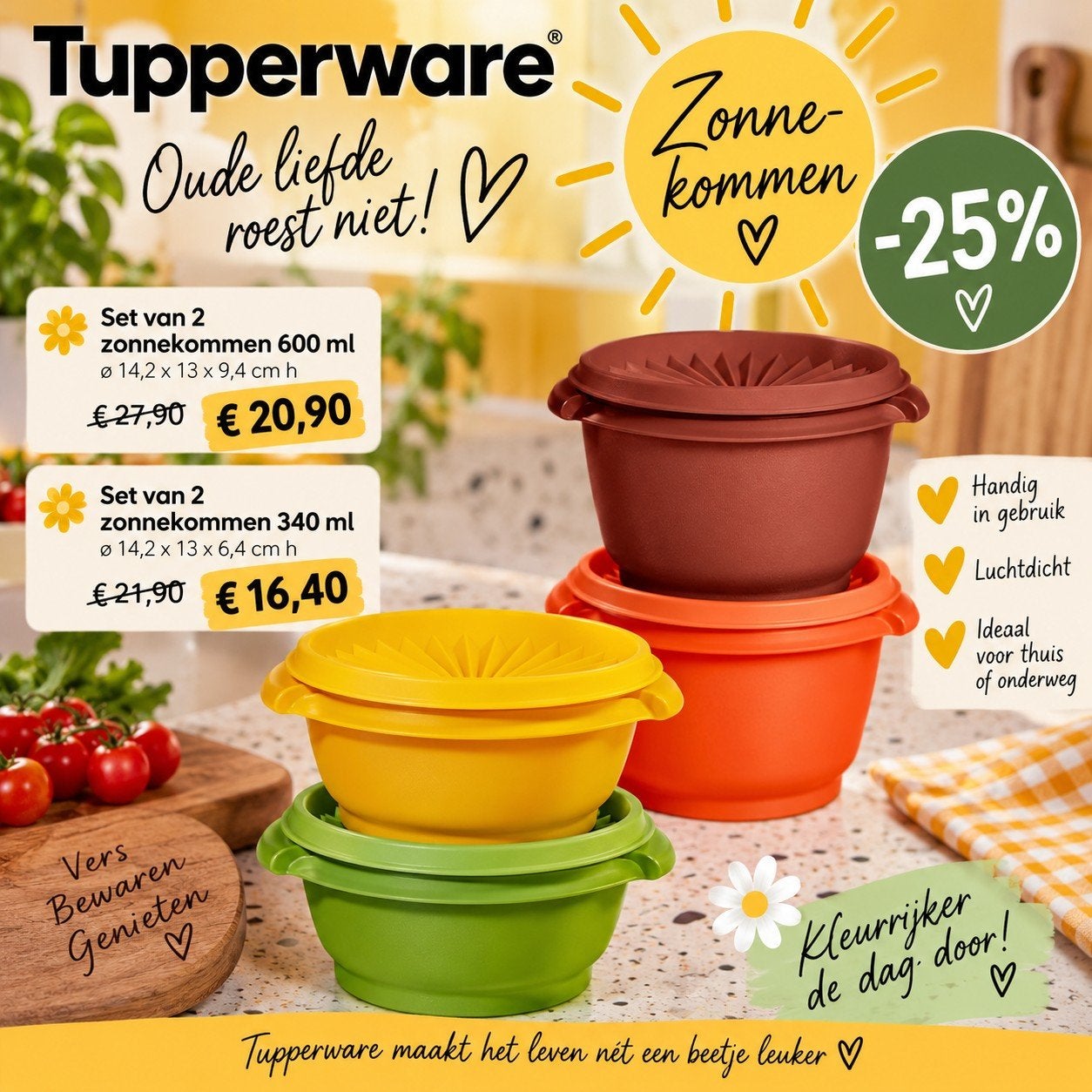 Nieuwe Tupperware Zonnekommen Set (600ml & 340ml), Huis en Inrichting, Verzenden, Nieuw, Bak of Kom, Luchtdicht