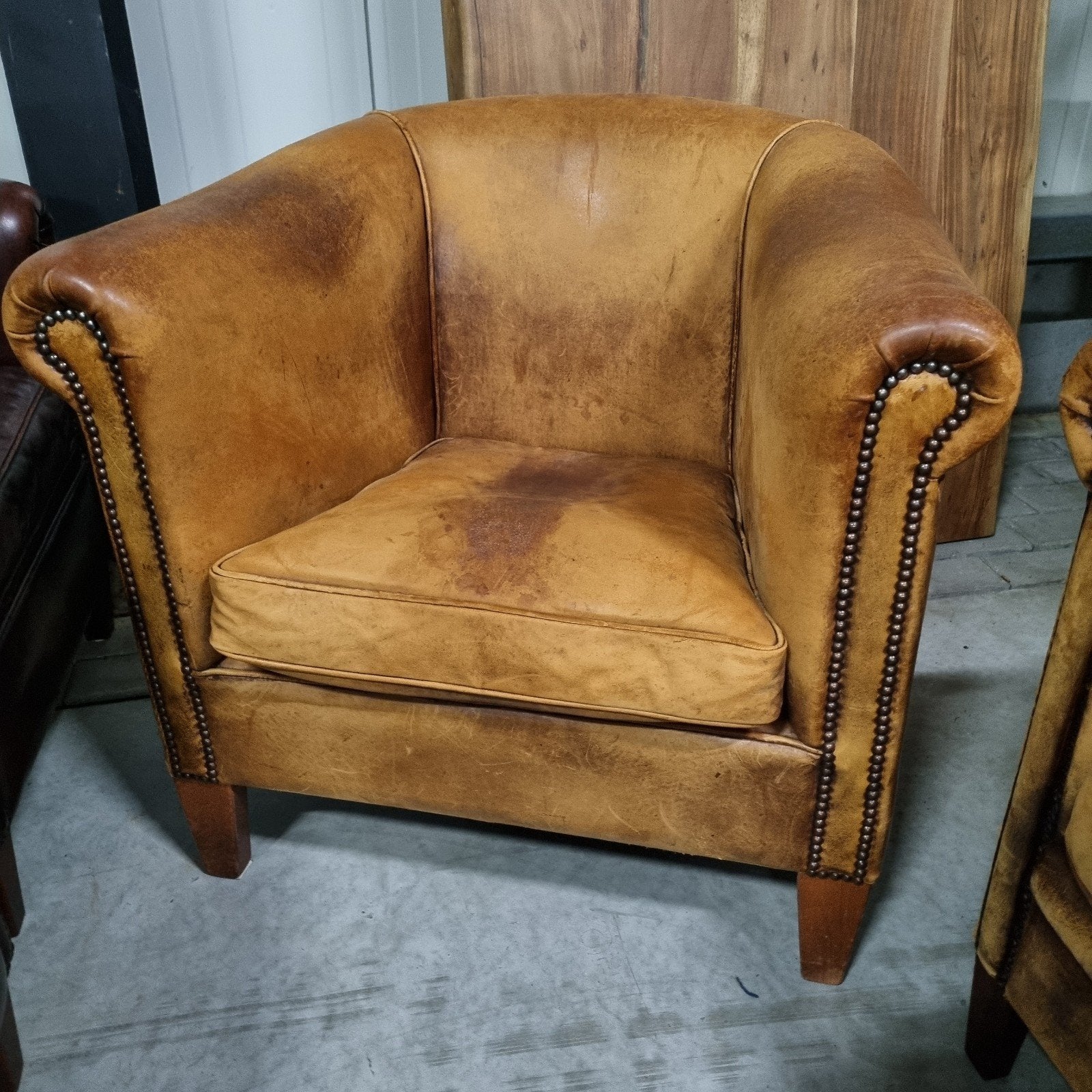 2 vintage schapenleren fauteuils + BEZORGING GRATIS, Gebruikt, ., Chesterfield, Ophalen of Verzenden