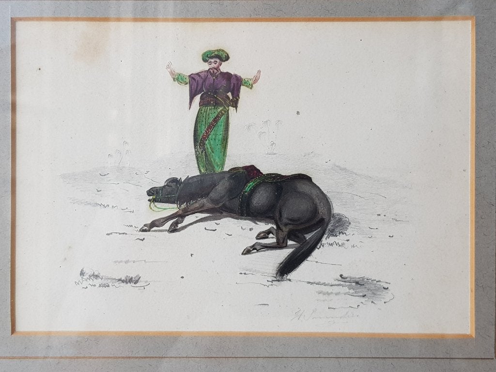 Man met paard mooie oude ingelijste Oosterse aquarel 27 cm., Antiek en Kunst, Meerkleurig, Ophalen of Verzenden, Schilderij, Handgemaakt
