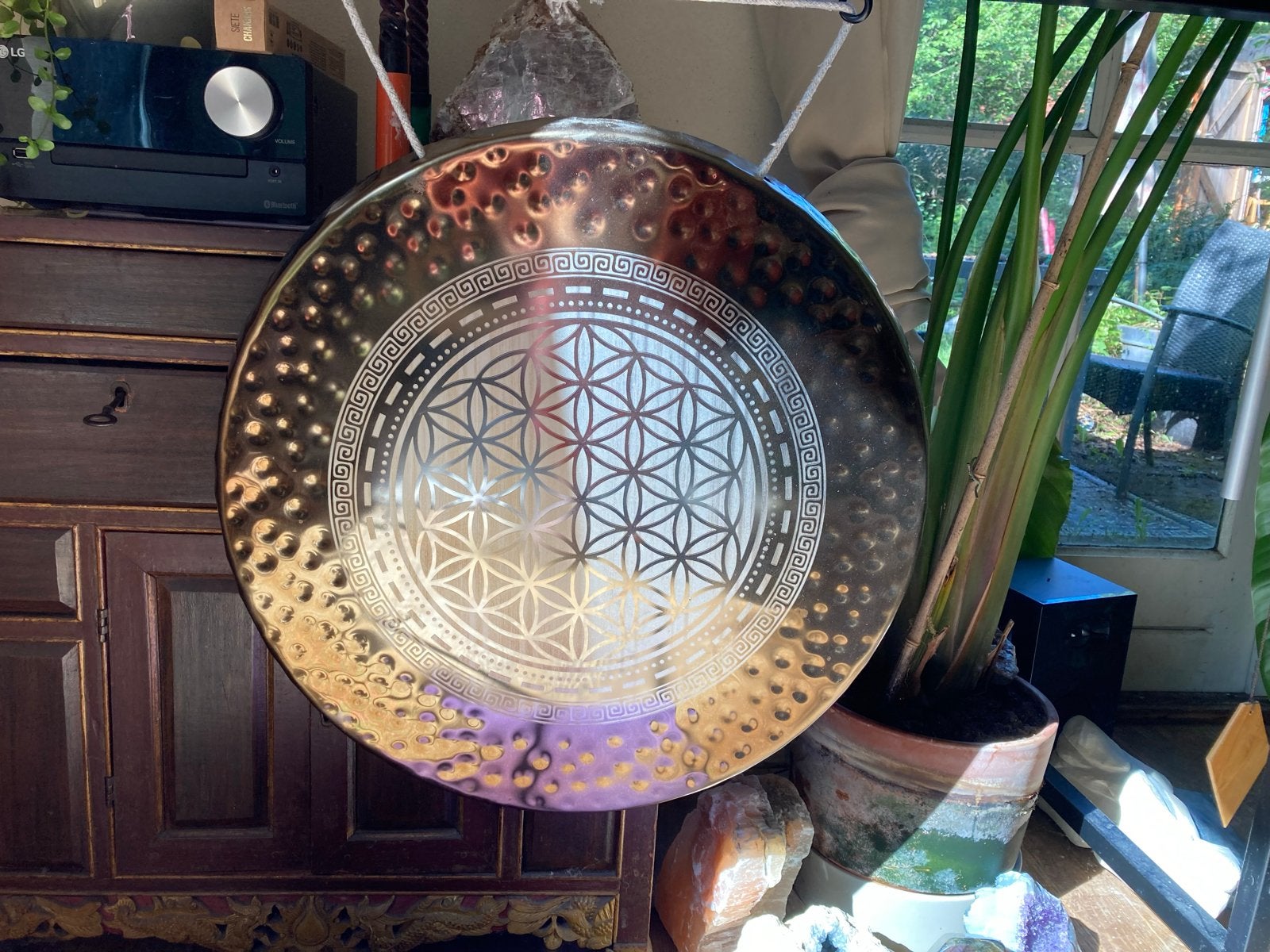 Gong 50 cm met Flower of Life met flumie en mallet, Ophalen, Zo goed als nieuw