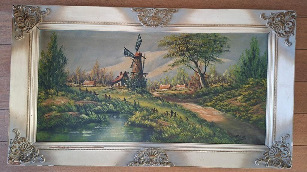 Olieverfschilderij Hollandse molen in sierlijke lijst, Ophalen of Verzenden