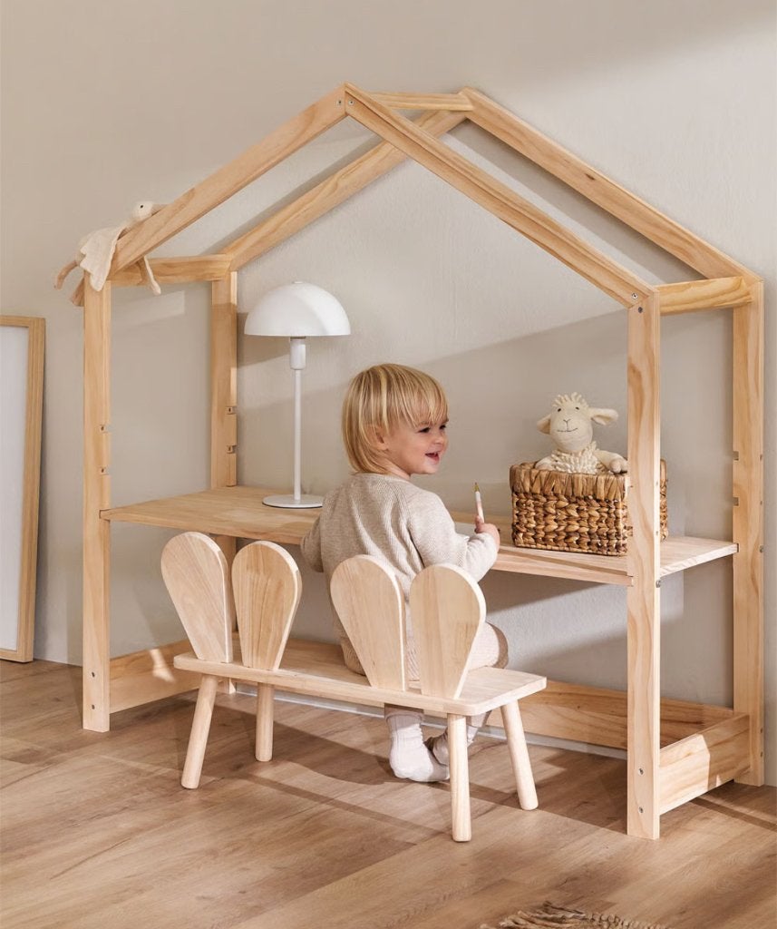 Houten kinderbureau met bankje - Speelhuisdesign, Ophalen, 120 cm, Scandinavisch, Kinderbureau