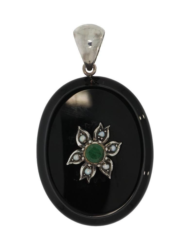 Smaragd onyx grote 14k gouden hanger bloem parels antiek, Verzenden, Goud, Hanger, Met edelsteen