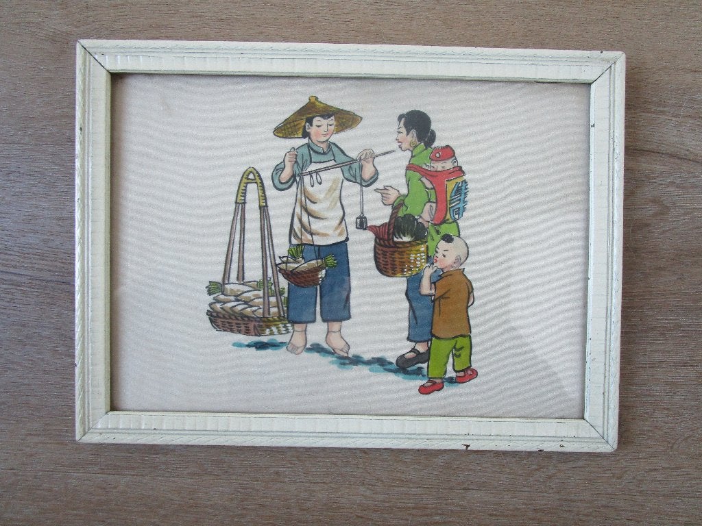 2x Japans-oosters schilderij op zijde moeder-kind in Riksja, Overige stijlen, Portret of Personen, Overige ondergronden, Achter glas