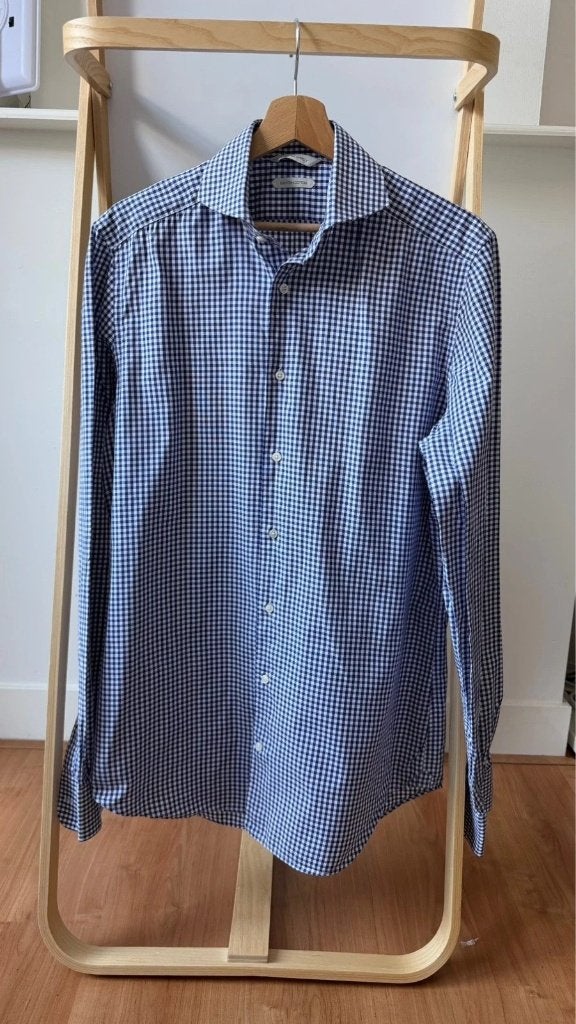 Suitsupply Egyptisch Katoen Soktas Blauw & Wit Geruite, Halswijdte 39/40 (M), Zo goed als nieuw, Suitsupply, Verzenden
