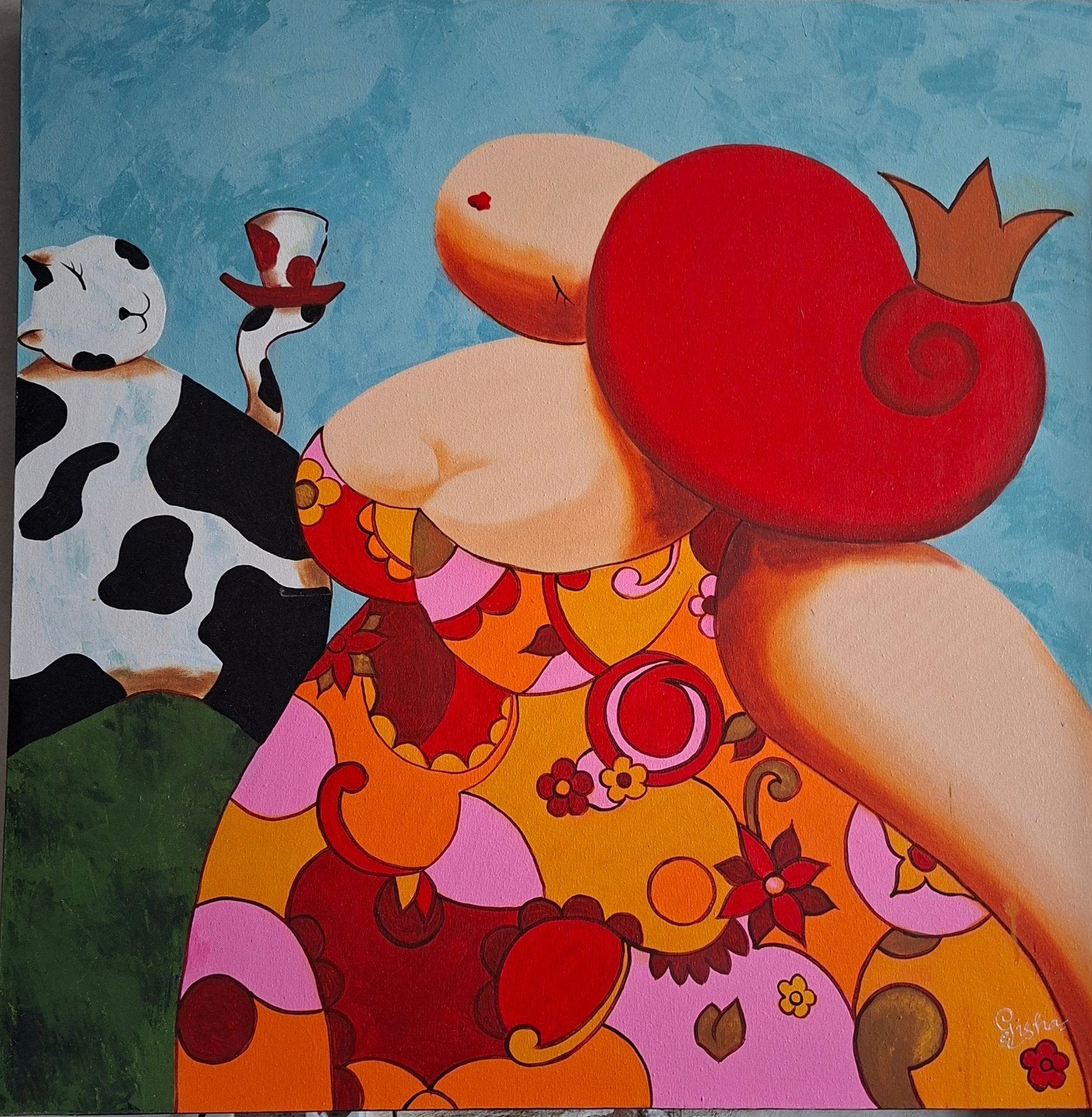 Vrolijk modern schilderij 'Gisha' - Abstracte figuren, Ophalen, Gesigneerd, Textiel, Figuren