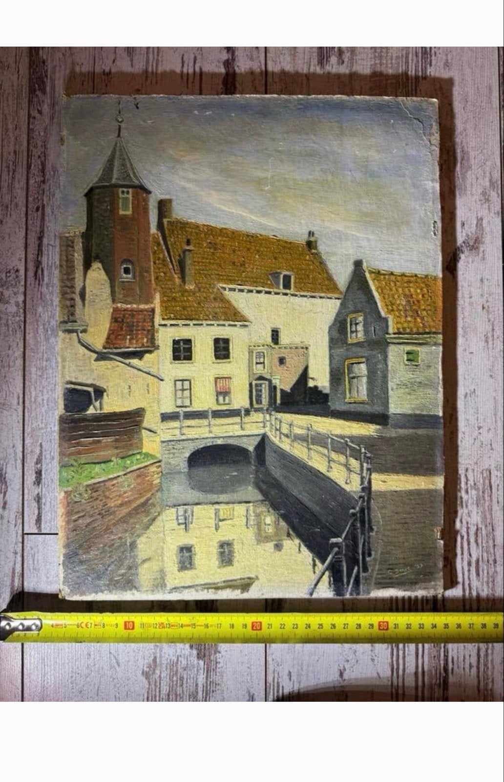 Olieverfschilderij C. Smith '37 - Stadsgezicht Amersfoort, Paneel, Gedateerd, Realistisch, Ophalen of Verzenden