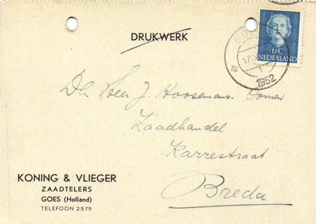 Koning + Vlieger, Zaadtelers, Goes - 06.1952 - drukwerk, Ophalen of Verzenden, Briefkaart