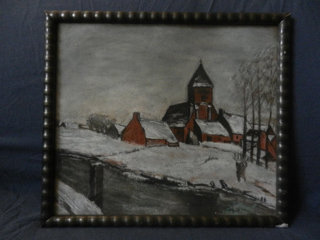 Krijttekening Winters Dorpsgezicht JM Maal (1888-1964) 1928, Antiek en Kunst, Kunst | Schilderijen | Klassiek, Ophalen of Verzenden
