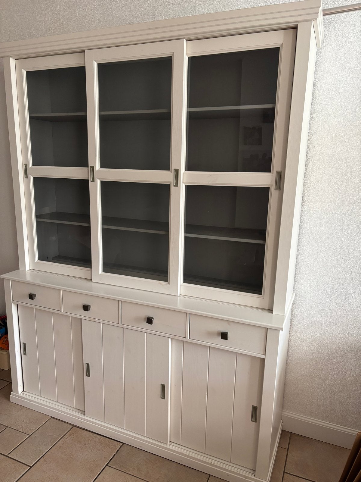 Grote witte buffetkast met schuifdeuren en lades, Ophalen, Gebruikt, 200 cm of meer, Met lade(s)