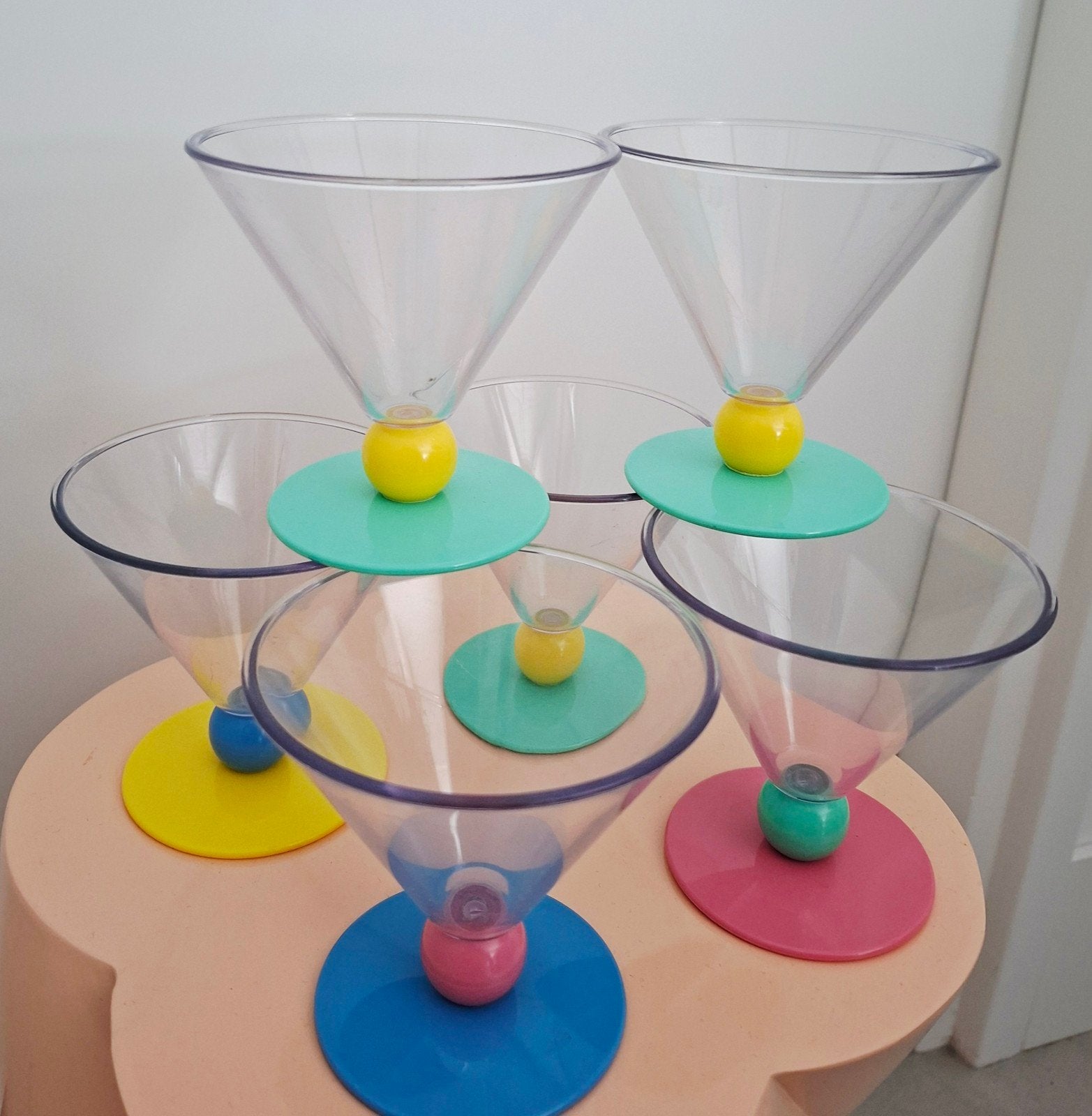 6 Vintage 80s kunsstof  ijscoupes, glaasjes, Glas of Glazen, Kunststof, Gebruikt, Vintage
