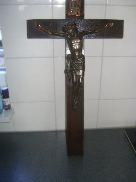 antiek kruis met corpus zwaar eiken kruis 45 x 26 cm, Ophalen of Verzenden