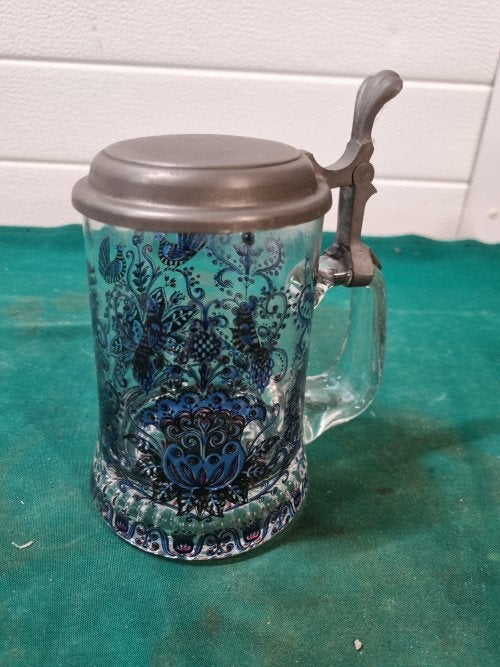 bierpul glas met tinnen deksel gedecoreerd vogels, Verzamelen, Ophalen of Verzenden, 'T Olde Gre-j, Info@toldegrej.nl, Endepoelstraat 20f Didam