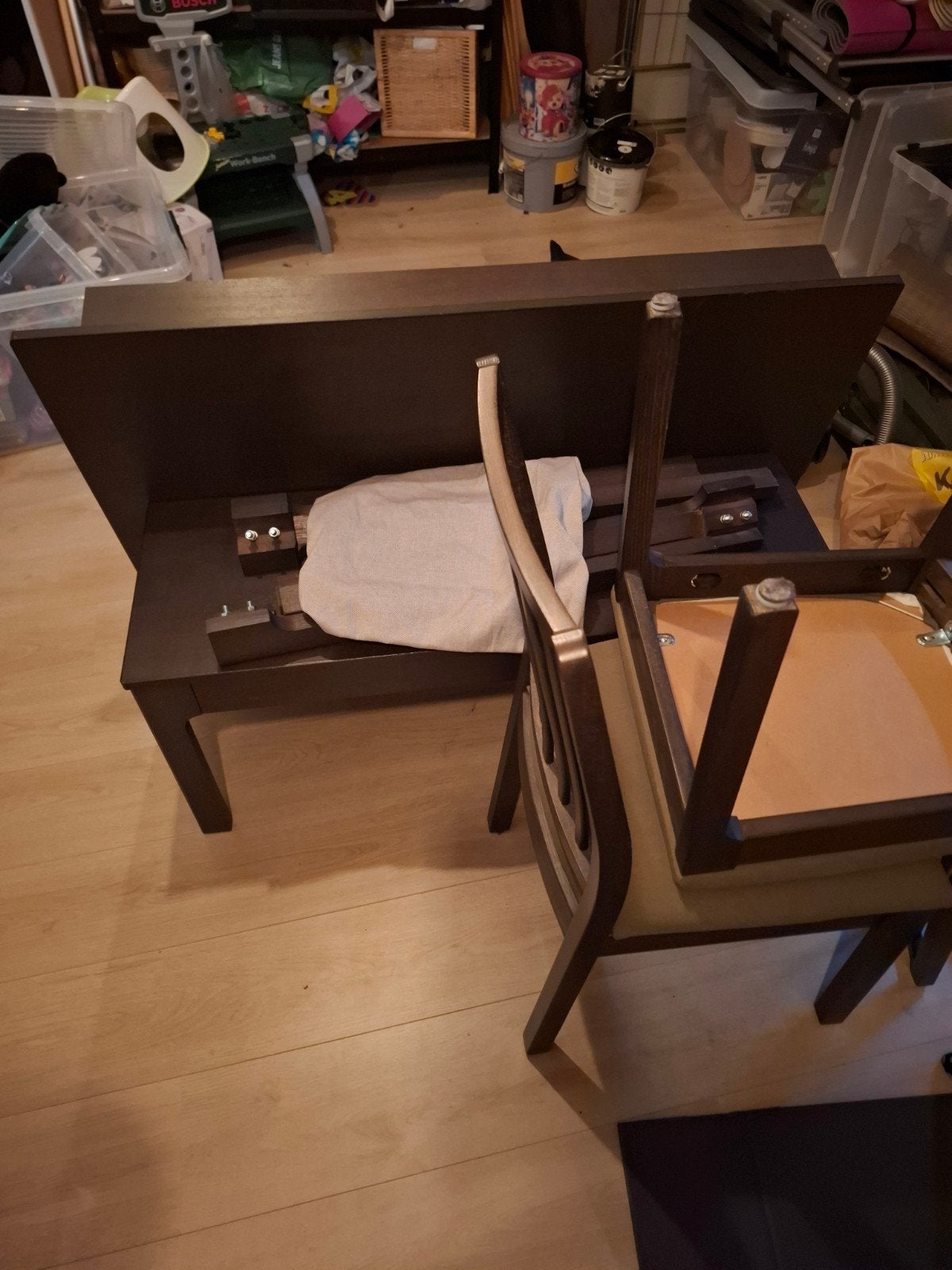 IKEA BJURSTA uitschuifbare tafel + 2 stoelen en een bankje, Ophalen, Gebruikt, 45 tot 65 cm, 70 cm of meer