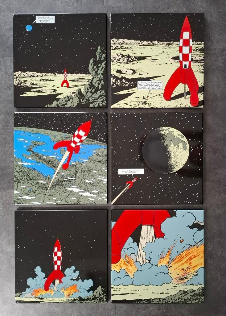 Set van 6 Kuifje naar de maan emaillen decoratie borden, Ophalen of Verzenden, Zo goed als nieuw, Reclamebord