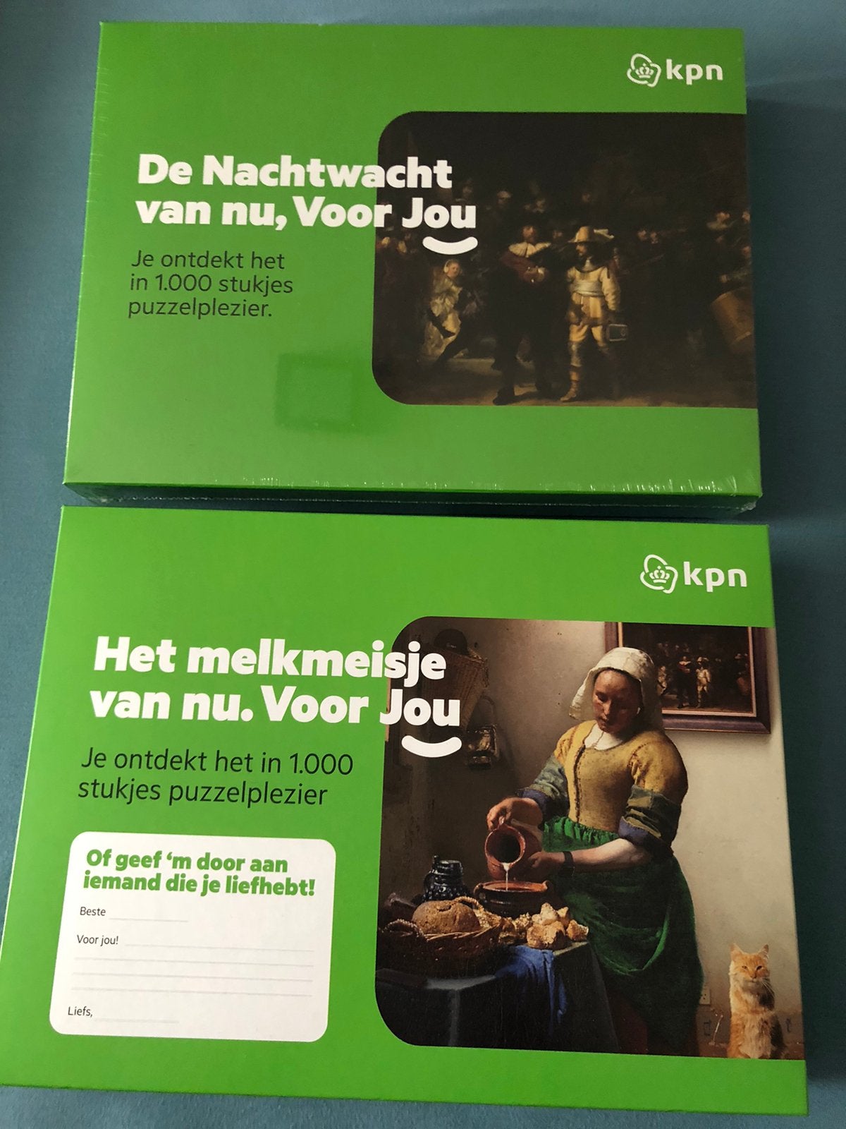 KPN 1000 stukjes puzzel De Nachtwacht en Het Melkmeisje, Ophalen, 500 t/m 1500 stukjes, Nieuw, Legpuzzel