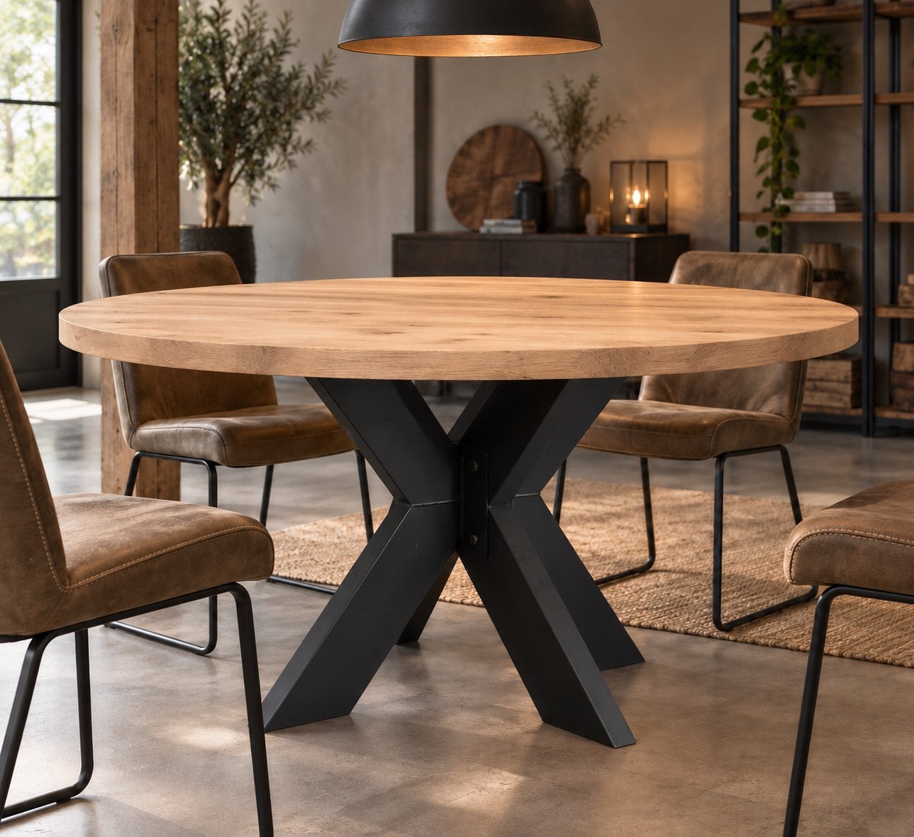 Aanbieding ronde eiken tafel Ø120, 130, 140 met kruispoot, Huis en Inrichting, Tafels | Eettafels, Industrieel, modern, Nieuw