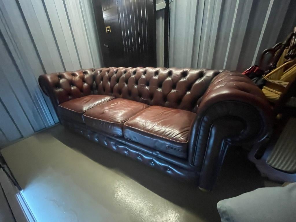 Chesterfield bank leer bordeaux rood 3-zits vintage, Ophalen, Gebruikt, Driepersoons, 75 tot 100 cm