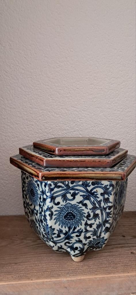 Set van 3 Chinese Bonsai Bloempotten - Blauw/Wit Aardewerk, Antiek en Kunst, Ophalen of Verzenden