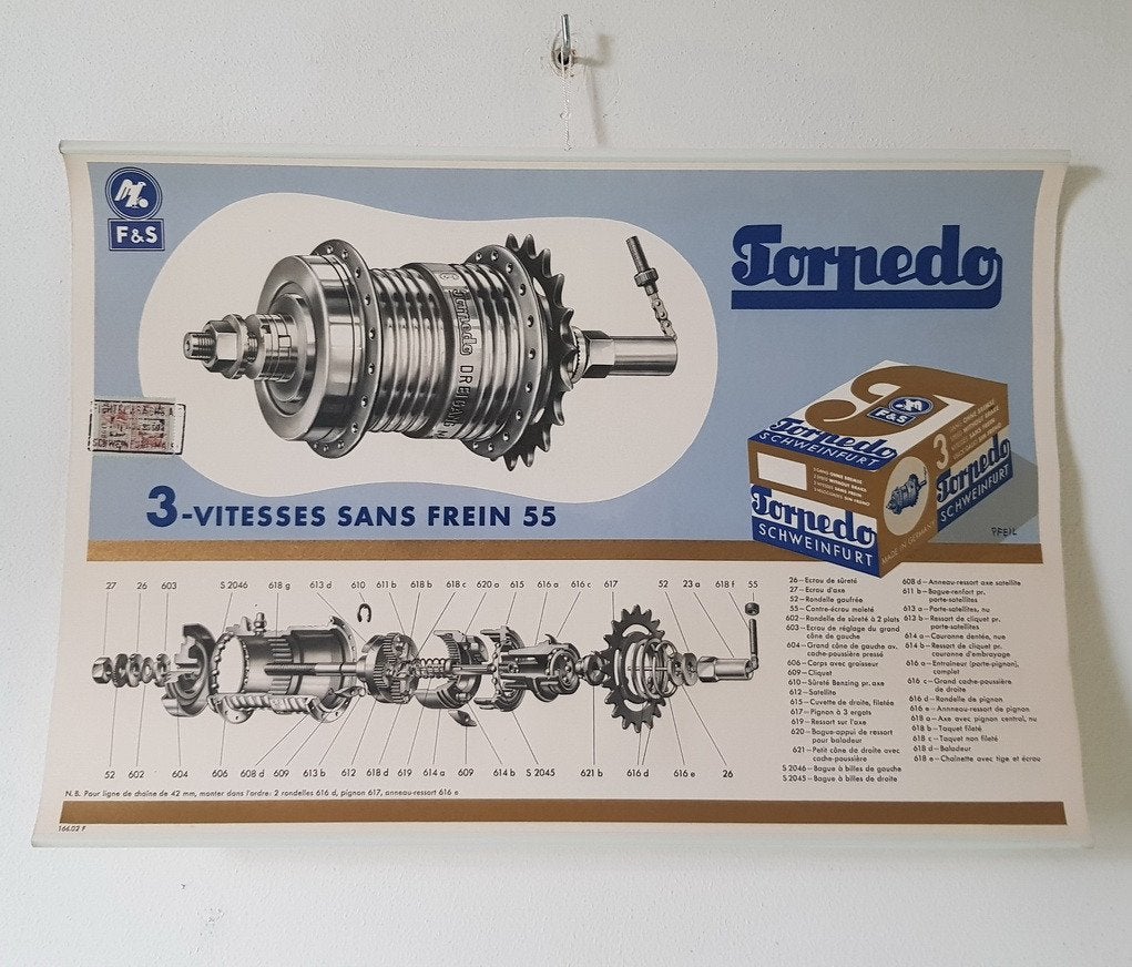 Jaren 50 poster "Torpedo 3-versnellingsnaaf zonder rem", Ophalen of Verzenden