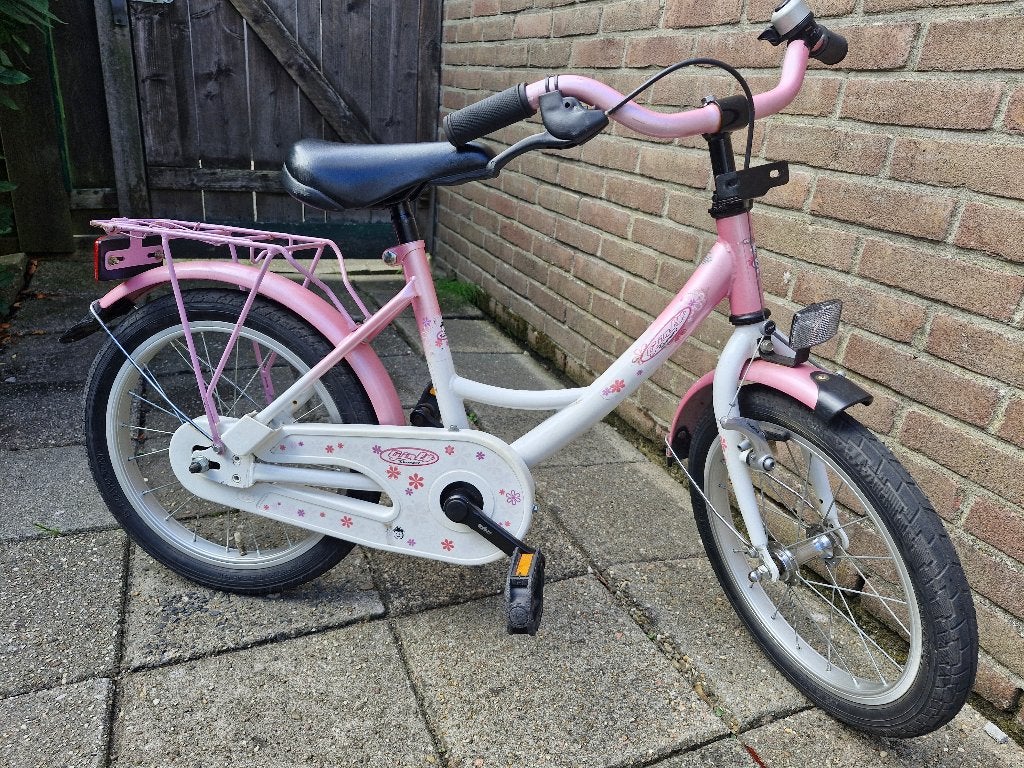 Roze-witte meisjes fiets met zijwieltjes, Terugtraprem, Gebruikt, 14 inch of minder, Ophalen