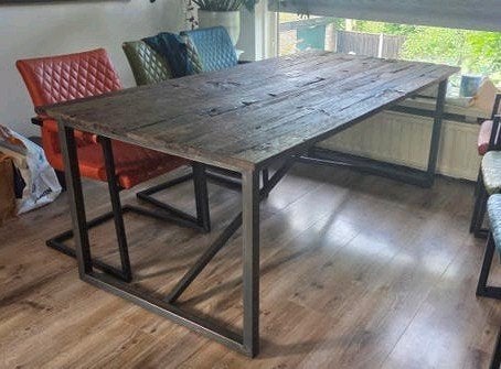eettafel 200x100cm; karakteristiek hout met metaal onderstel, Ophalen, Gebruikt, 200 cm of meer, 50 tot 100 cm