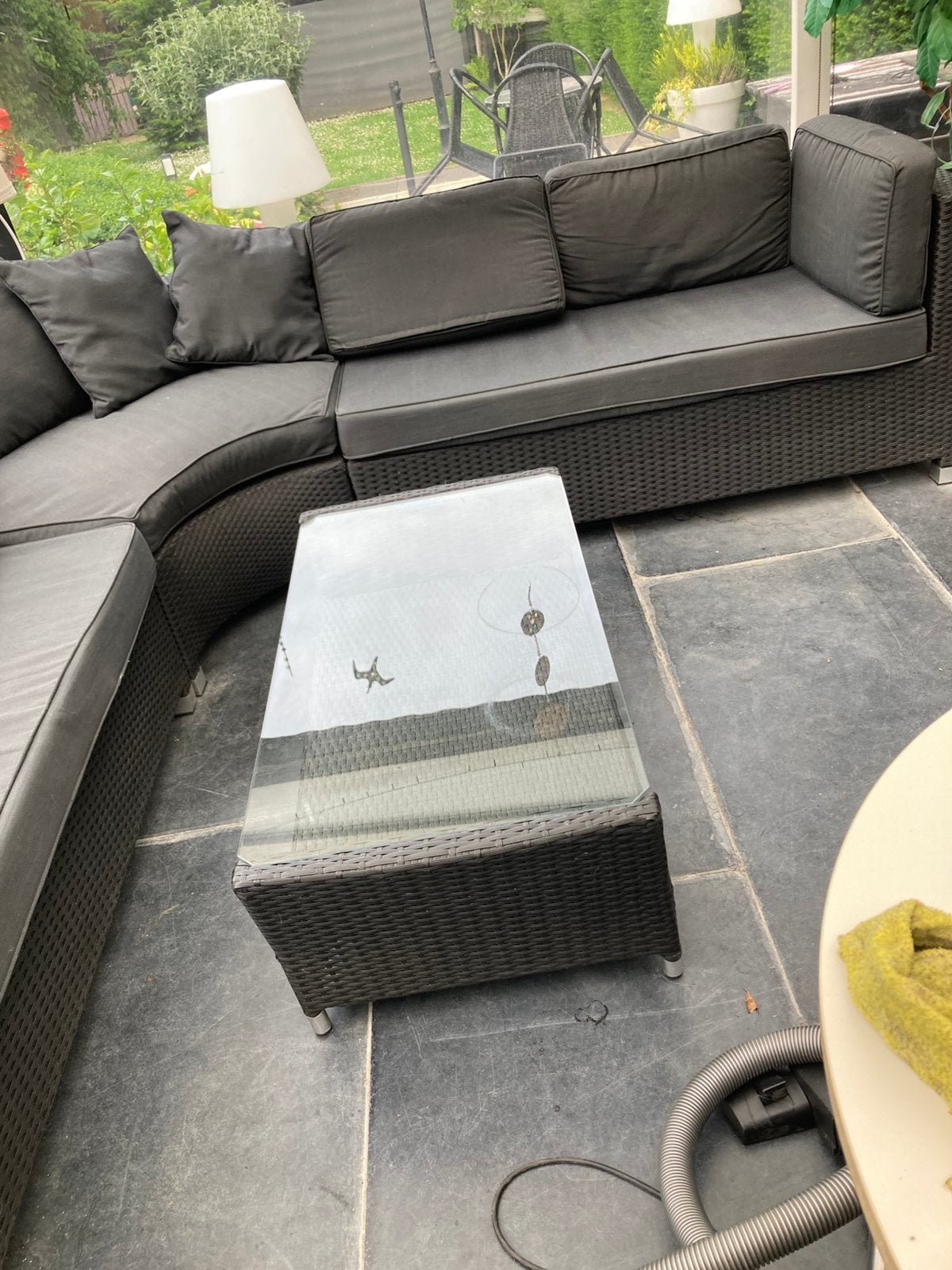 Loungebank met salontafel - Wicker, donkergrijs, Ophalen, Gebruikt, 8 zitplaatsen, Loungeset