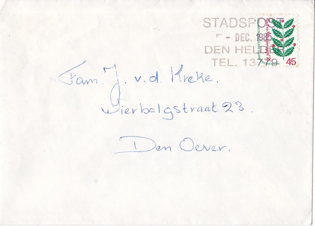 Stadspost Den Helder – Den Helder 02230 – Kerst ‘85, Postzegels en Munten, Brieven en Enveloppen | Nederland, Verzenden, Envelop