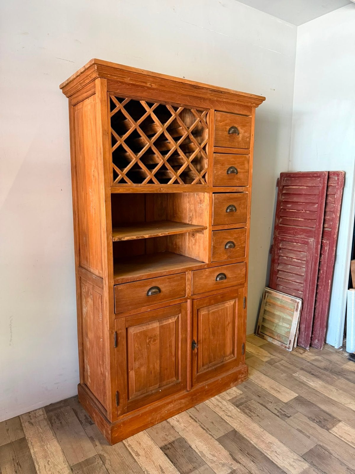 Wijnkast teakhout, gerecycled teak wandkast wijn, Info@scholtens-antiek.nl, Slim meubelen, Ophalen of Verzenden, Zo goed als nieuw