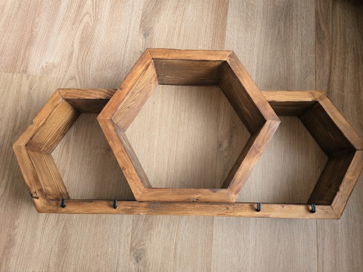 Houten Hexagon Wandrek met Haken HANDMADE - Unieke Blikvange, Ophalen, Nieuw