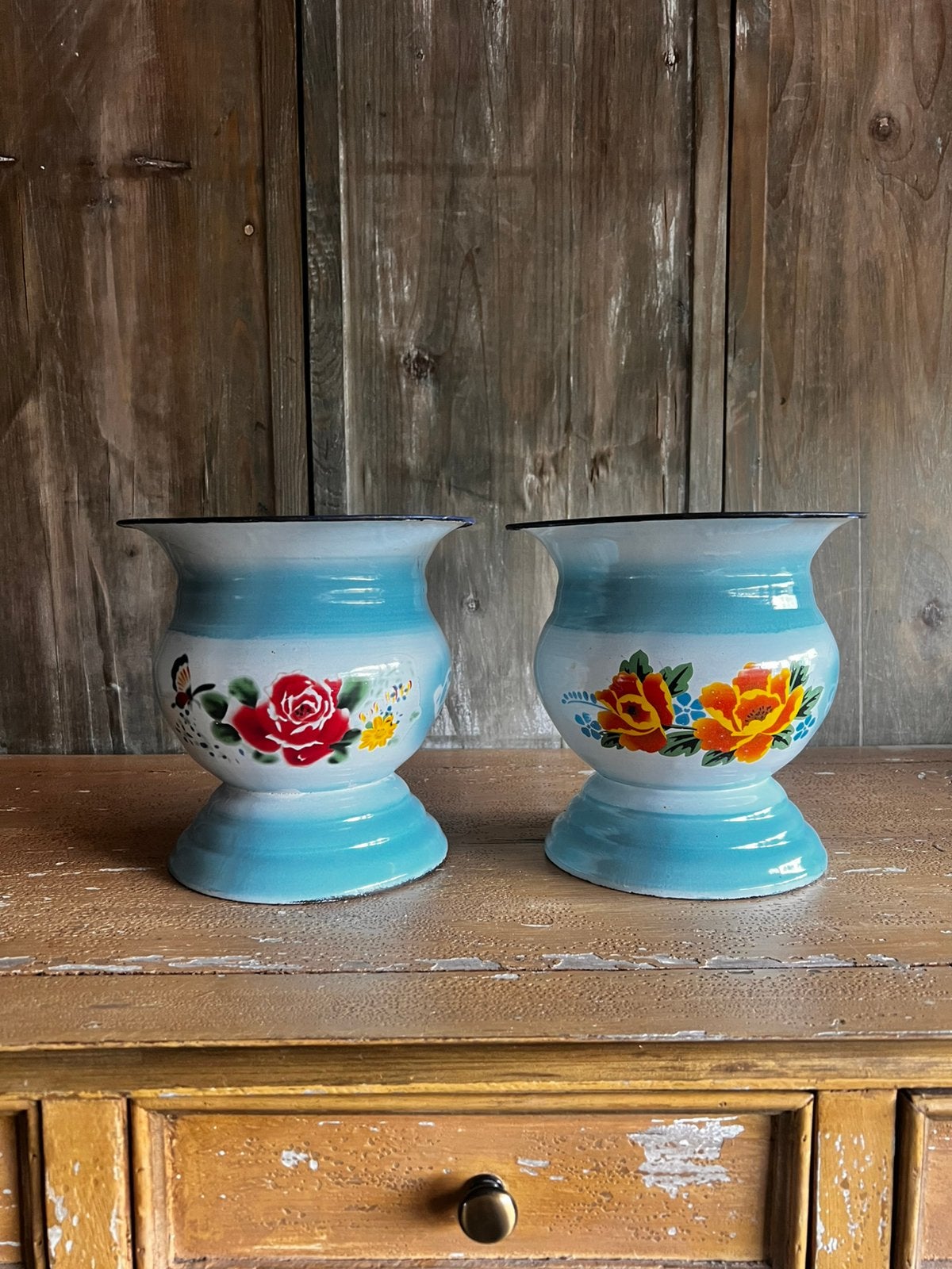 Emaille bloempotten potten vasen vaas tuin pot blauw bloemen, Antiek en Kunst, Antiek | Emaille, Ophalen of Verzenden