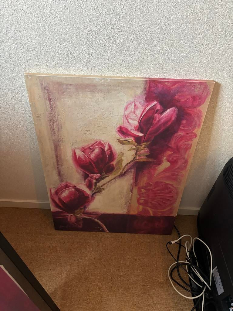 Schilderij met bloemen, roze/paarse tinten, Ophalen of Verzenden