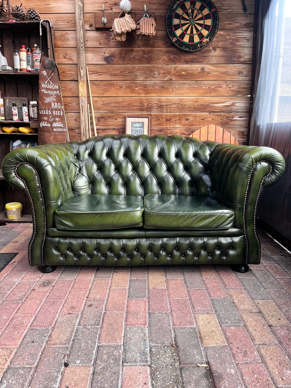 Chesterfield 2 zits in antiek groen, Huis en Inrichting, 150 tot 200 cm, Tweepersoons, Ophalen of Verzenden, Zo goed als nieuw