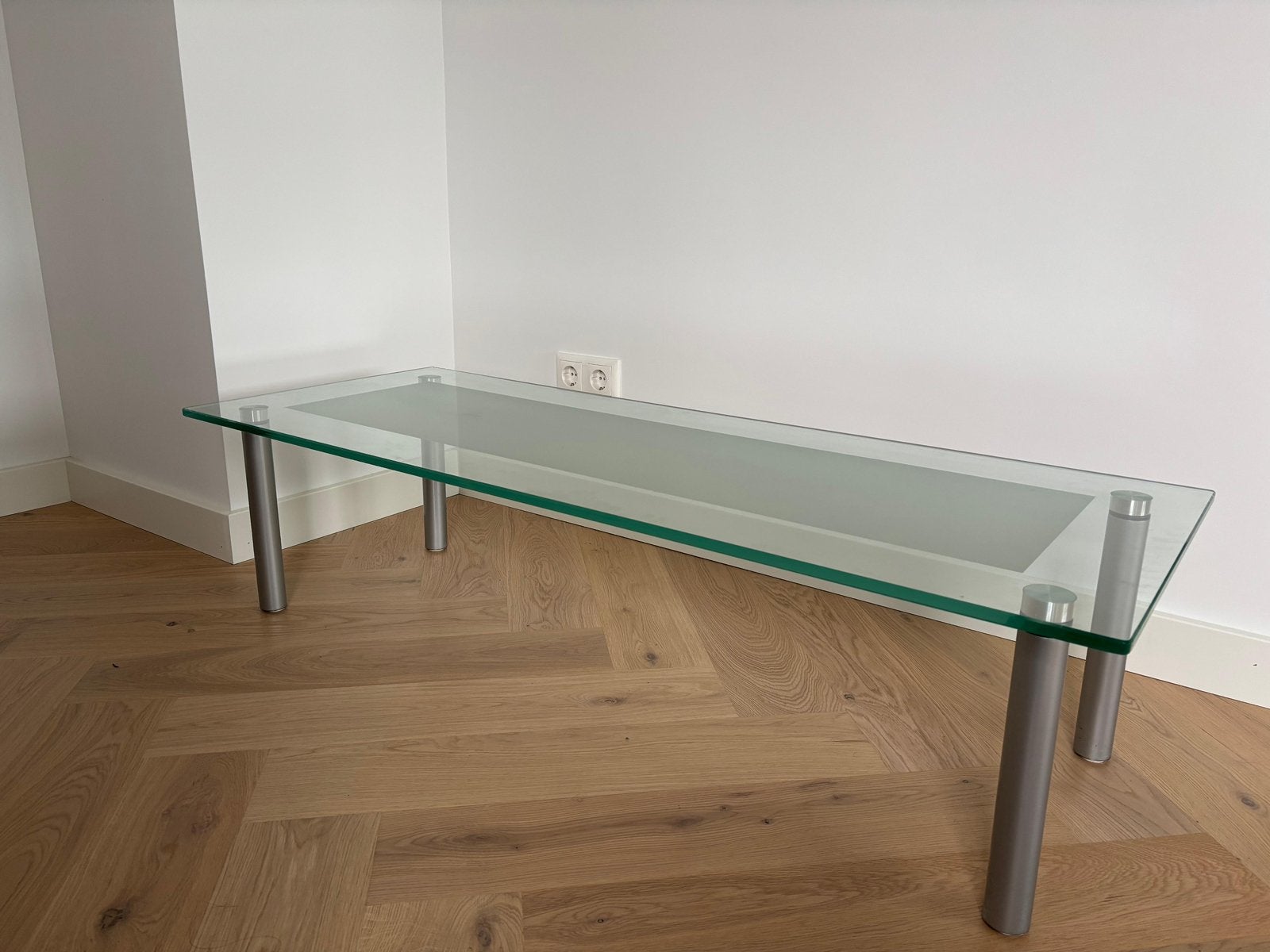 Glazen salontafel met metalen poten (los te koop), Huis en Inrichting, Tafels | Salontafels, Ophalen, Gebruikt, 100 tot 150 cm