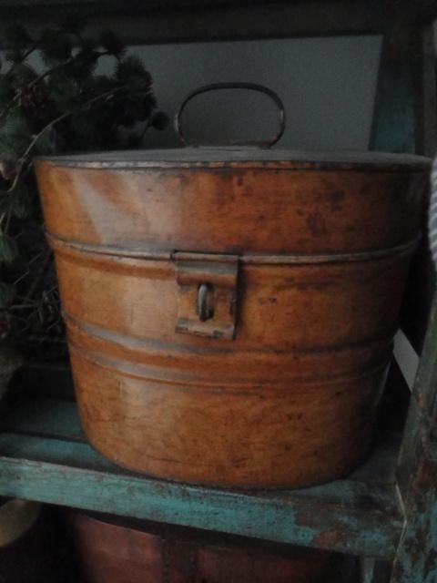 prachtige antieke ENGELSE BRUINE TINNEN HATBOX, hoedendoos 1, Ophalen of Verzenden
