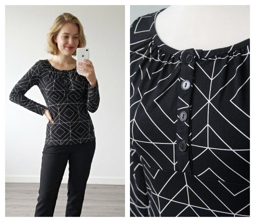 Tante Betsy - Zwarte top met geometrische print - Maat S, Kleding | Dames, Tante Betsy, Verzenden, Zwart, Zo goed als nieuw