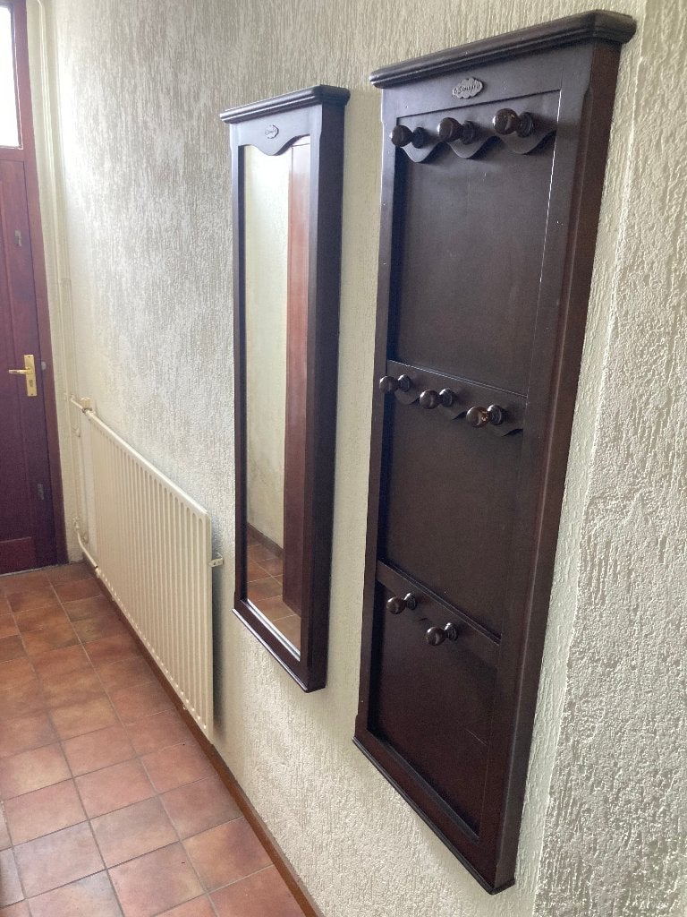 cottage houten grote kapstok met bijhorende grote spiegel, Wandkapstok, Ophalen of Verzenden, Zo goed als nieuw, 150 tot 200 cm